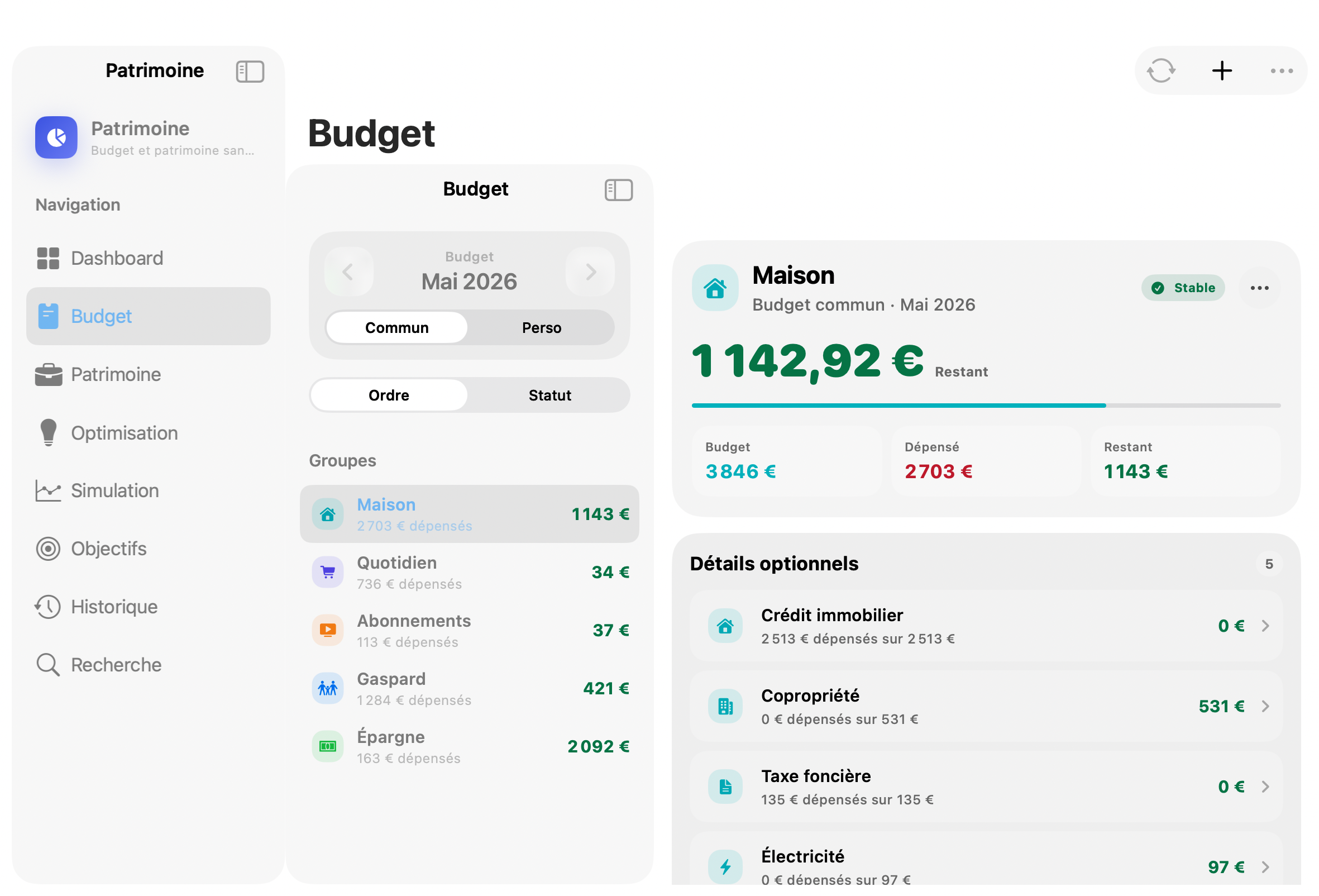 Capture de l'ecran budget Valorys