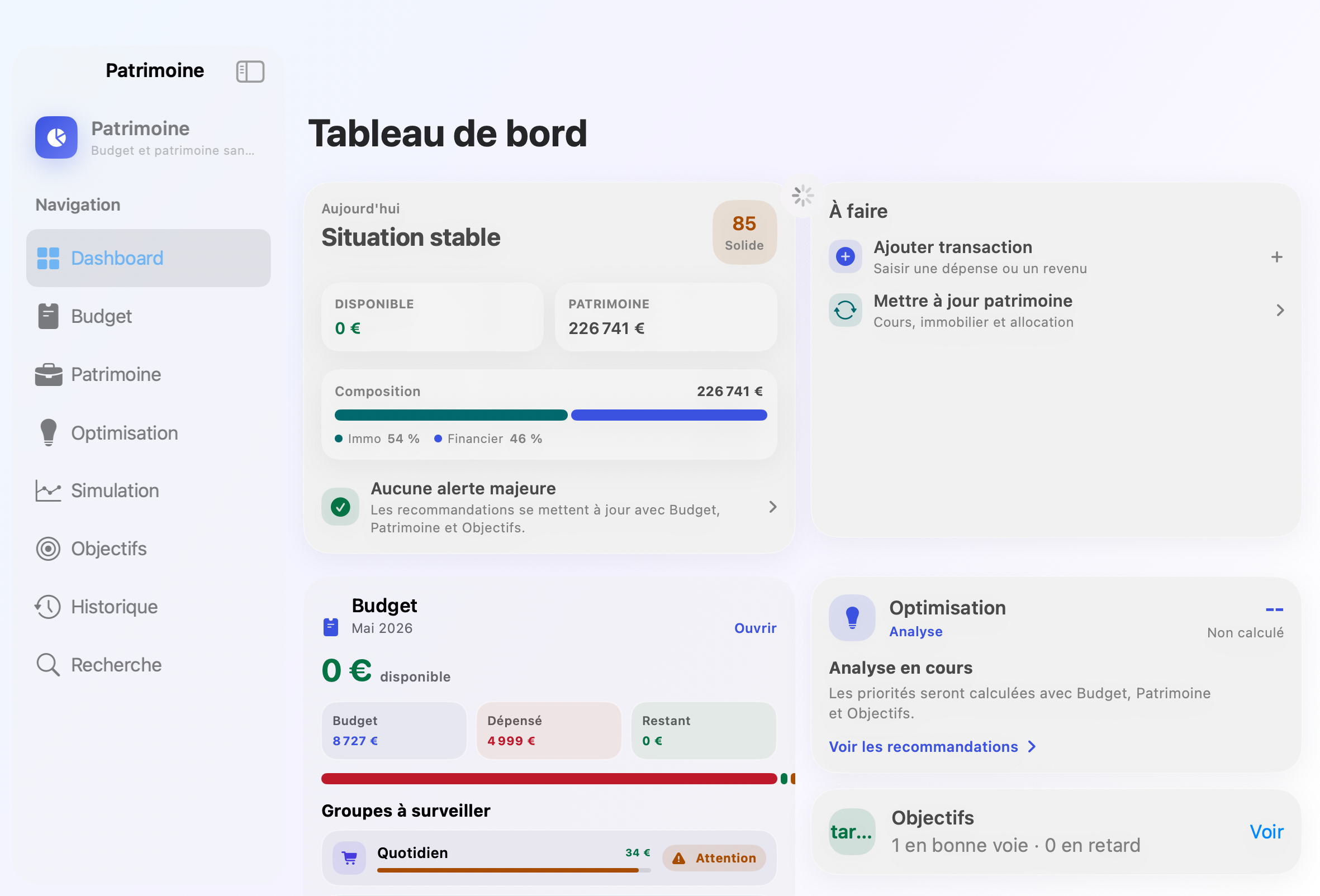 Tableau de bord budget Valorys